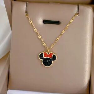18K Gold Minnie Mouse Theme Black & Red Crystal Adorned Necklace No Fade